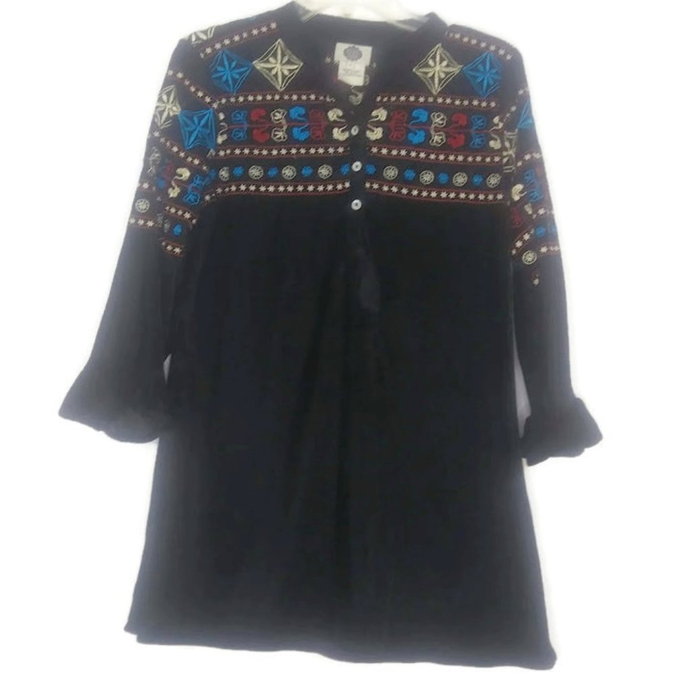Boho Embroidered Velvet Bell Sleeve Henley Top